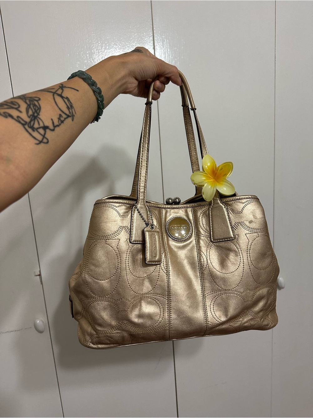 Coach Metallic Gold Signature Kisslock Leather Shoulder Tote